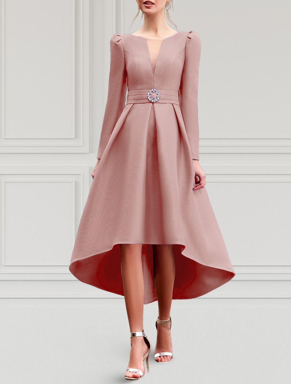 Abiti da cocktail a trapezio, eleganti, formali, da invitata a nozze, asimmetrici, maniche lunghe, gioiello, collo, cintura/fascia, taffetà con pieghe